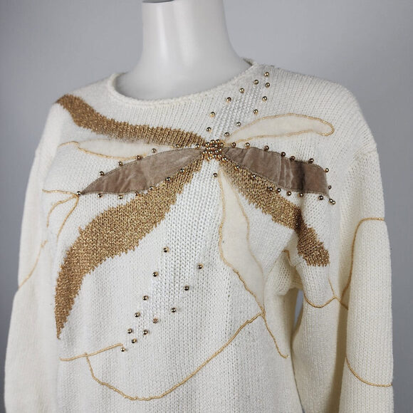 Vintage Cream & Brown Floral Knit Sweater Size L - Picture 2 of 6